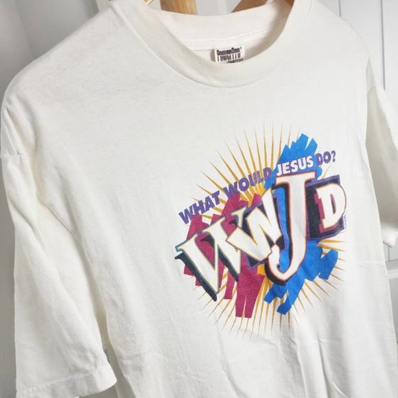 Vintage WWJD Jesus Religious Oneita Tag 1996 Size L* White Graphic Tshirt - Picture 7 of 7